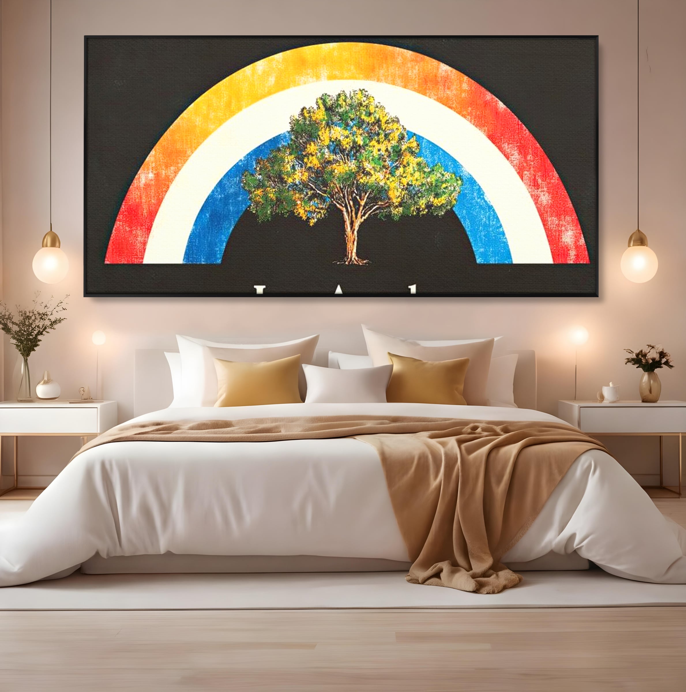 Tablou canvas cu tablou canvas cu curcubeu si copac, in rama de aluminiu negru, pe perete intr-un dormitor